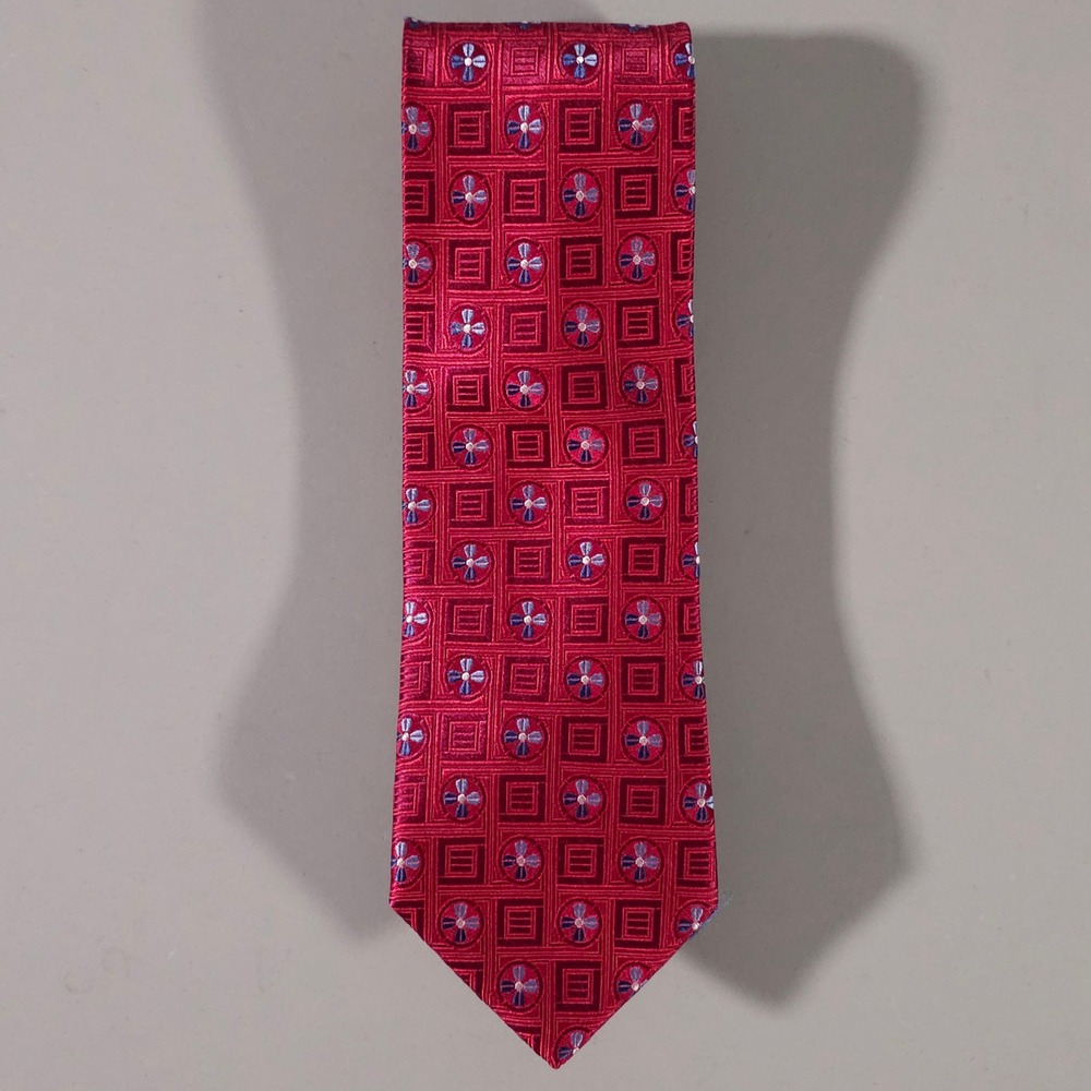 Hickey Freeman Necktie Mens OS Red Silk Geometric Floral Pattern Business Tie